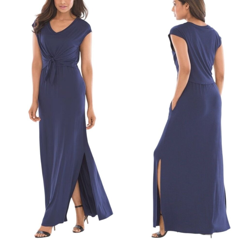Soma Size Small Maxi Dress Long Navy Blue Knotted Pockets Layered Tshirt Slits